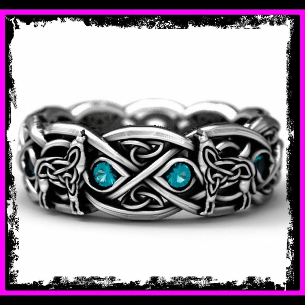 925 Sterling Silver Blue Topaz Celtic Wolf Ring - Picture 2 of 14